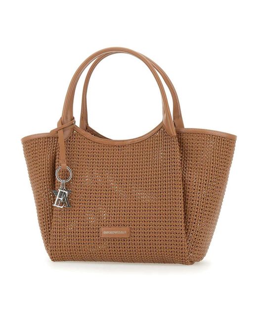 Emporio Armani Brown Karamellgewebte handtasche mit metallanhänger