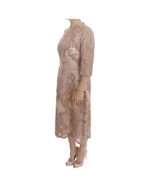 Dolce & Gabbana Brown Pink Silk Lace Ricamo Shift Gown Dress