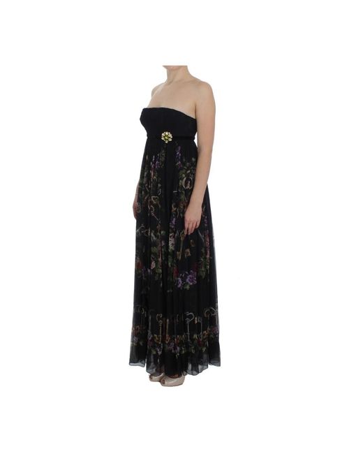 Dolce & Gabbana Black Key Print Silk Crystal Brooch Dress