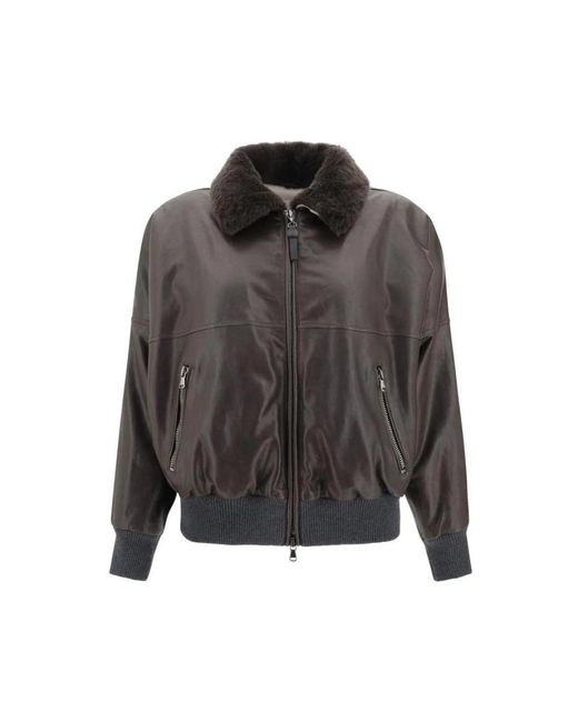Brunello Cucinelli Gray Lederjacke Mit Pelzkragen Doppelter Reißverschluss