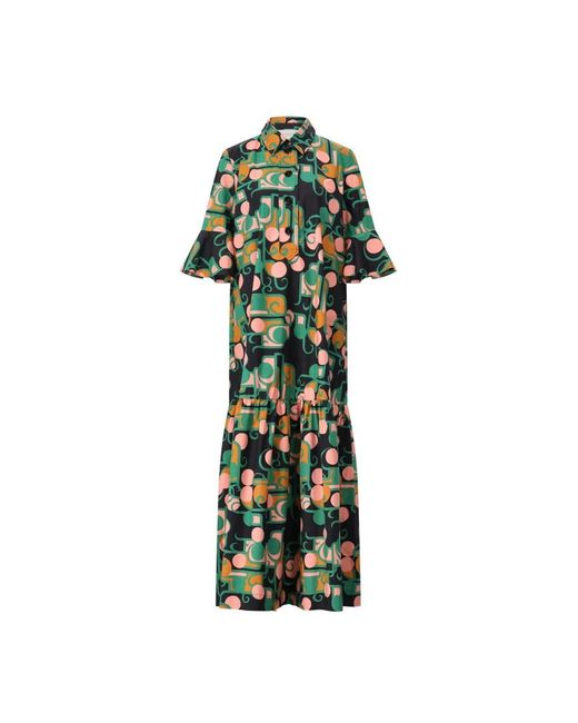 LaDoubleJ Kleedjes ,Veelkleurig ,Retro Maxi Jurk Met Flowy Ruffles in het Green