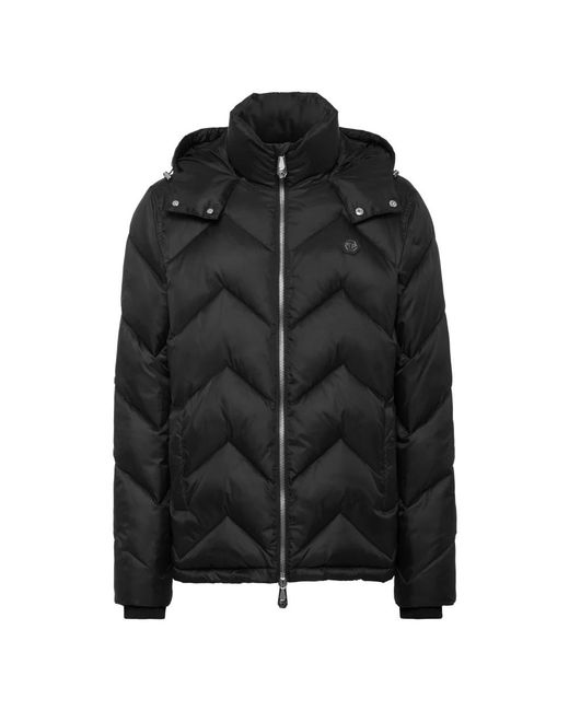 Philipp Plein Jassen ,Zwart ,Nylon Nylon Short Puffer Jacket Zigzag in het Black voor heren