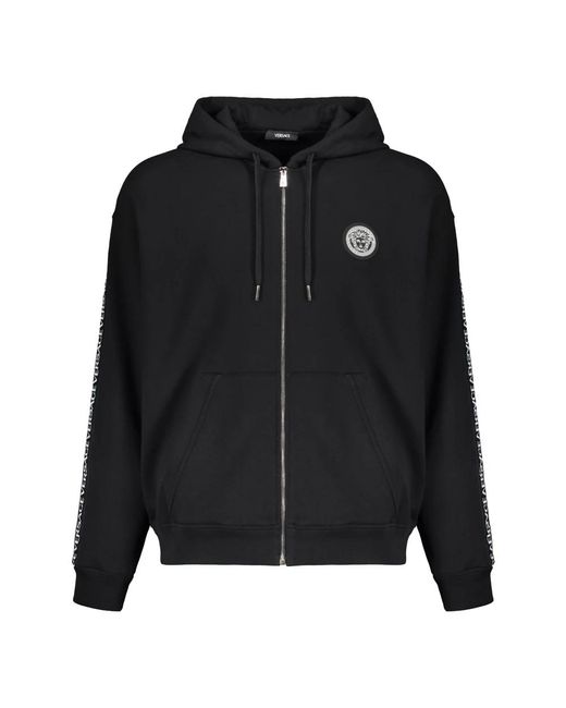 Versace Hoodies & Sweatvesten ,Zwart ,Katoen Logo Patch Zip Hoodie in het Black voor heren