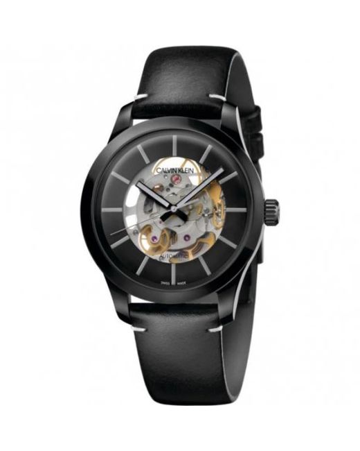 Calvin Klein Accessoires ,Zwart ,Leer Automatisch Skelet Horloge in het Black