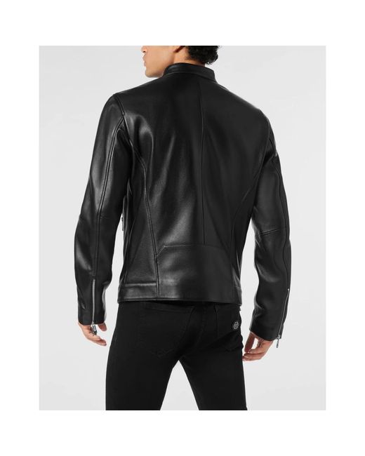 Philipp Plein Jassen ,Zwart ,Leer Leren Bikerjack in het Black voor heren
