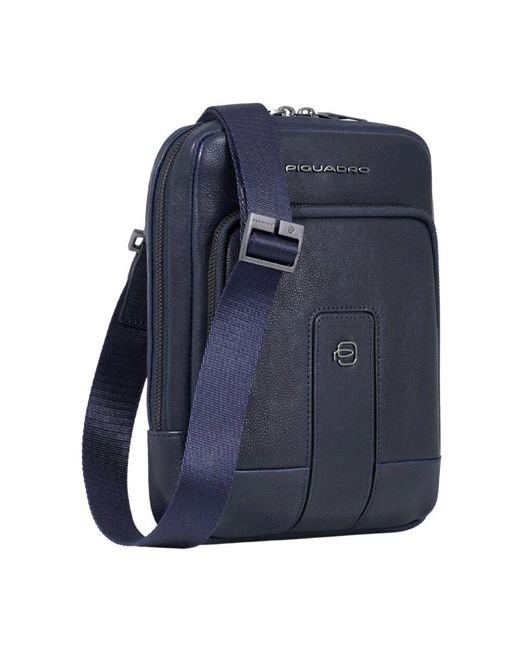 Piquadro Blue Blaue Leder Ipad Mini Crossbody Tasche