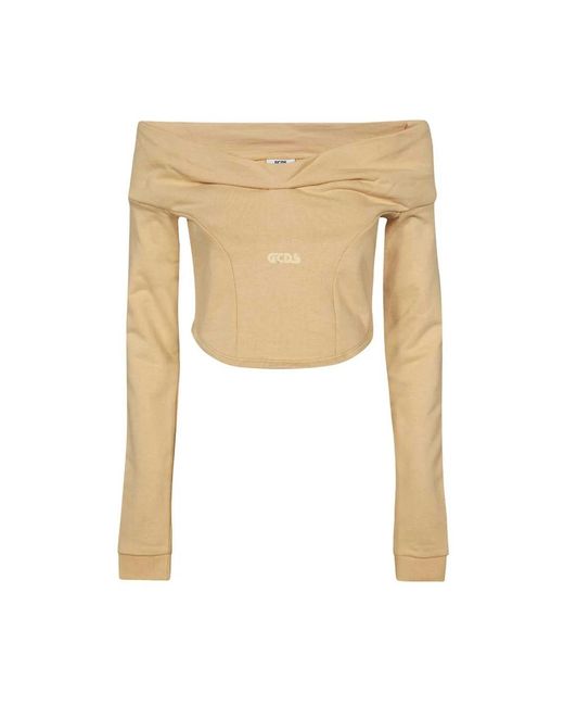 Gcds Tops ,Bruin ,Katoen Katoenen Off-Shoulder Crop Top in het Natural