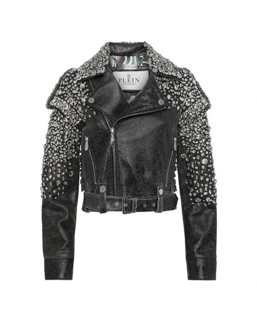 Philipp Plein Jassen ,Zwart ,Leer Leren Cropped Biker Jacket Ls Strass in het Black