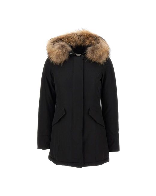 Parka De Tela Técnica Negra Con Piel, Mujer, Talla Woolrich de color Black