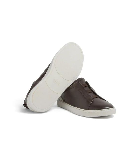Zegna Brown Leather Secondskin Triple Stitch Sneakers for men