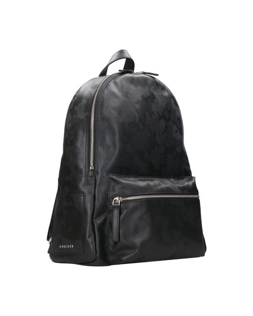 Orciani Tassen ,Zwart ,Leer Zwarte Leren Rugzak Met Camouflageprint in het Gray voor heren