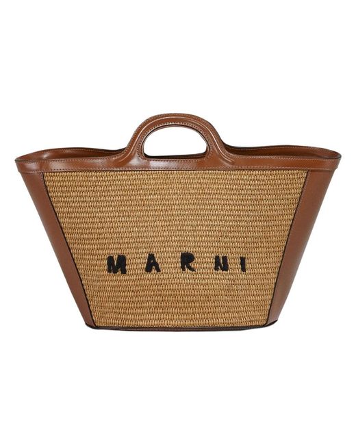 Marni Brown Handtaschen,tropicalia leder tasche mit raffia effekt panelen