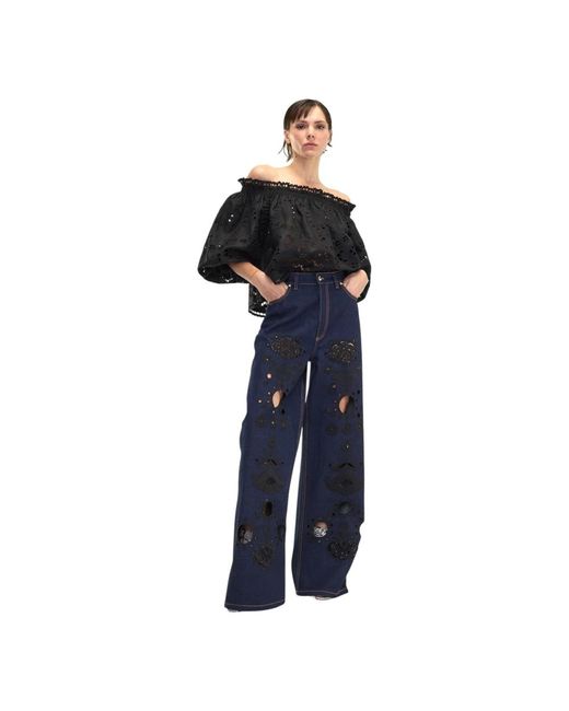 Cynthia Rowley Embroidered Wide-Leg Jean in het Blue
