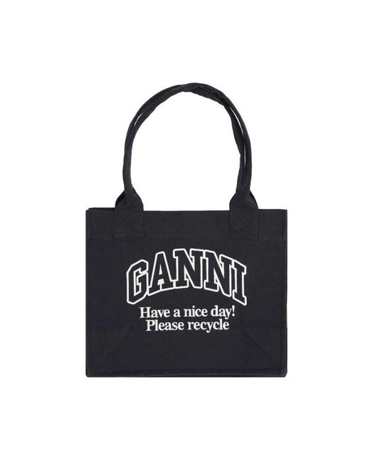 Ganni Black Monogramm Baumwoll-Tote-Bag Mit Geräumigem Fach