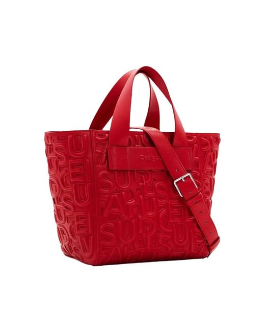 Desigual Red Rote shopper-tasche aus lederimitat mit ausgestanzten buchstaben