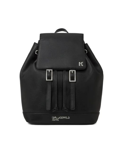 Karl Lagerfeld Black Drawstring Flap Backpack