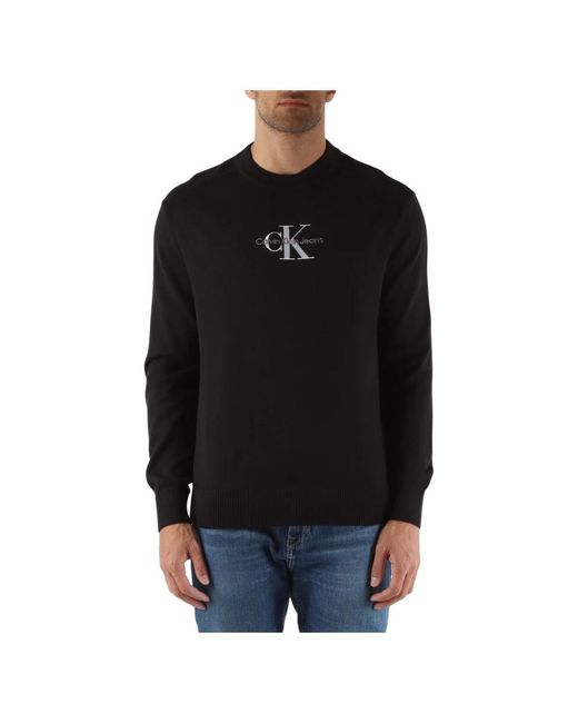 Calvin Klein Baumwoll-rundhalsausschnitt mit gesticktem logo pullover in Black für Herren