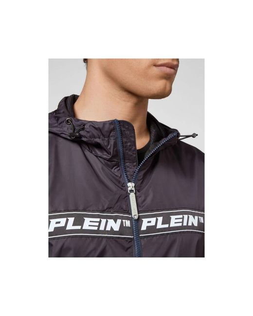 Philipp Plein Jassen ,Blauw ,Nylon Blauw Nylon Windbreaker Hooded Jas in het Blue voor heren