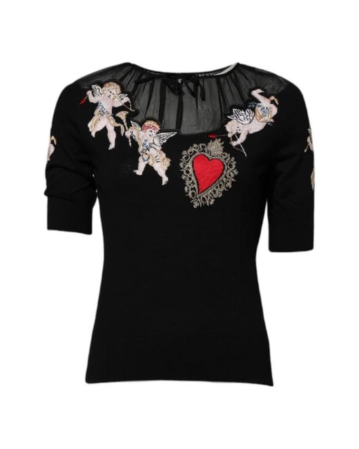 Dolce & Gabbana Black Sacred Heart Embroidered Crewneck Top