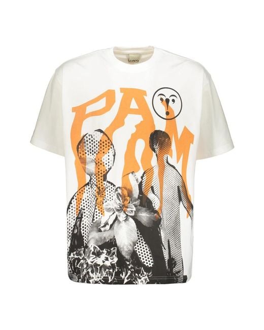 Pam P.A. ,Tops ,Wit ,Katoen Katoenen T-Shirt Met Ribboord Halslijn Print in het Metallic voor heren