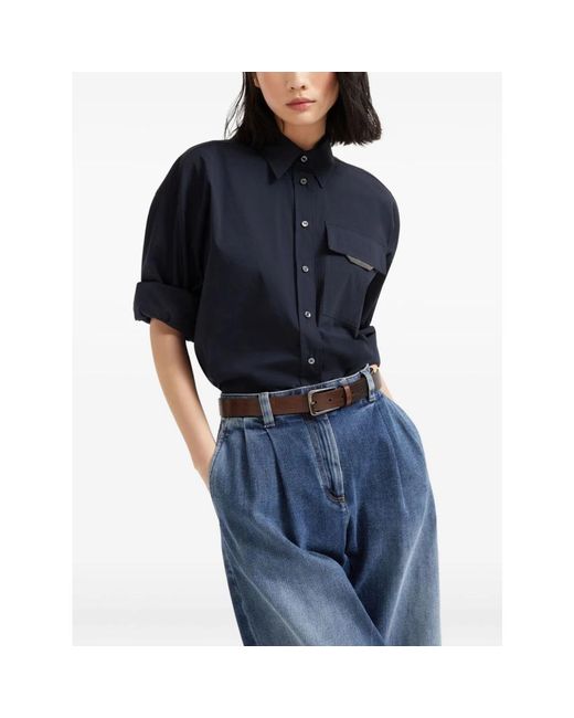 Brunello Cucinelli Stretch Katoen Poplin Cropped Shirt in het Blue