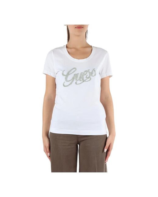 T-shirt slim fit in cotone stretch con logo in strass e perline di Guess in White