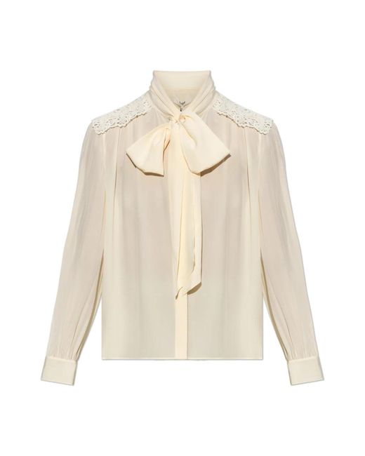 Chloé Zijden Blouse Met Kanten Inzet Op De Schouders in het Natural