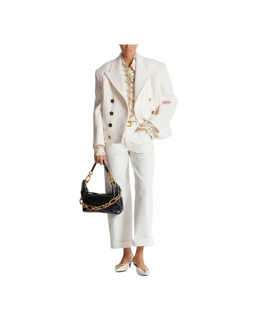 Balmain Cropped Wollen Reefer Jas in het White