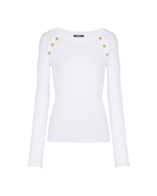 Balmain White Strickoberteil Mit Knöpfen