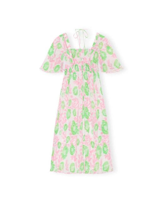 Robe smockée mi-longue plissée en georgette Ganni en coloris Green