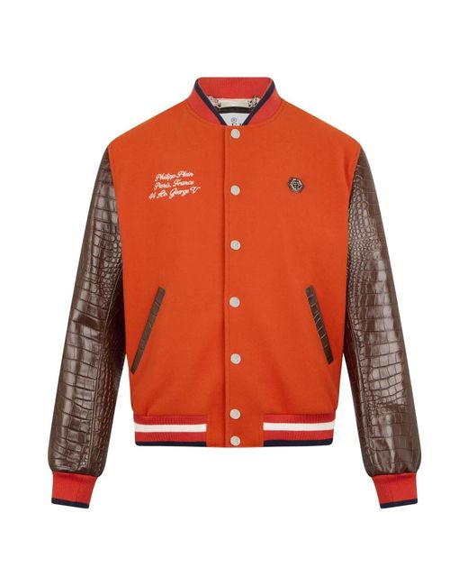 Philipp Plein Jassen ,Oranje ,Wol Varsity Bomber Cocco Sleeves Parijs in het Orange voor heren