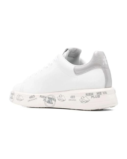 Premiata White Leather Graphic Metallic Accent Sneakers