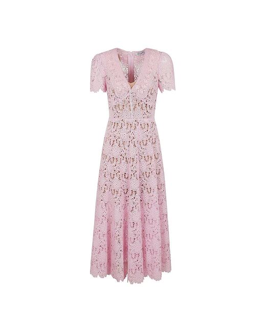 Elegante vestido midi de encaje guipur Self-Portrait de color Pink