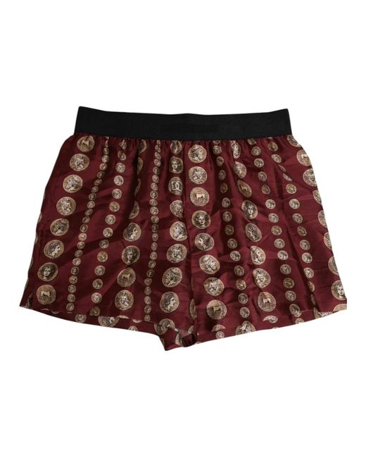 Dolce & Gabbana Burgundy Silk Coin Print Swim Shorts in Red für Herren
