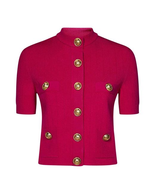 Balmain Pink Roter pullover mit goldfarbenen knöpfen