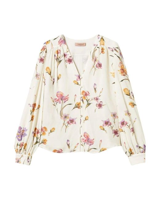 Twinset Natural Weiße v-ausschnitt bluse mit logo