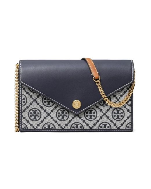 Tory Burch Blue T Monogram Envelope Chain Wallet
