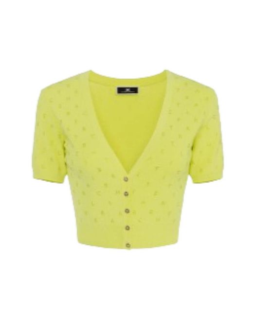 Elisabetta Franchi Truien & Vesten ,Geel ,Gele Cropped Sweater Met Strass Lettering in het Yellow
