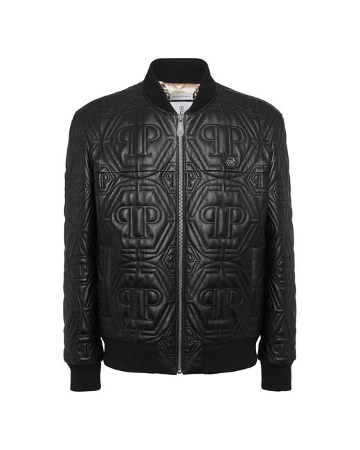 Philipp Plein Jassen ,Zwart ,Leer Embossed Leather Bomber Monogram in het Black voor heren