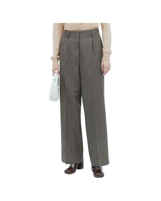 Pantalones de lana a cuadros con logo en relieve Miu Miu de color Gray
