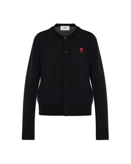 AMI Truien & Vesten ,Zwart ,Wol Wol Wollen Cardigan Met Logo in het Black