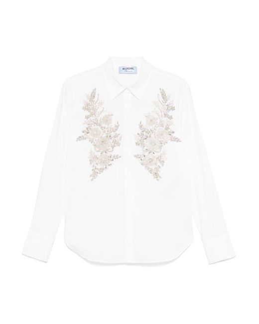 Blugirl Blumarine White Weiße hemdbluse mit knopfmanschetten und abgerundetem saum