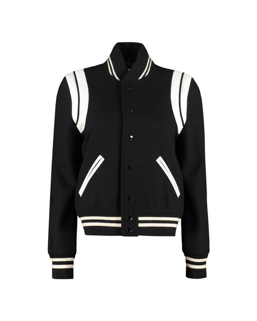 Saint Laurent Wollen Bomberjack Met Leren Details in het Black