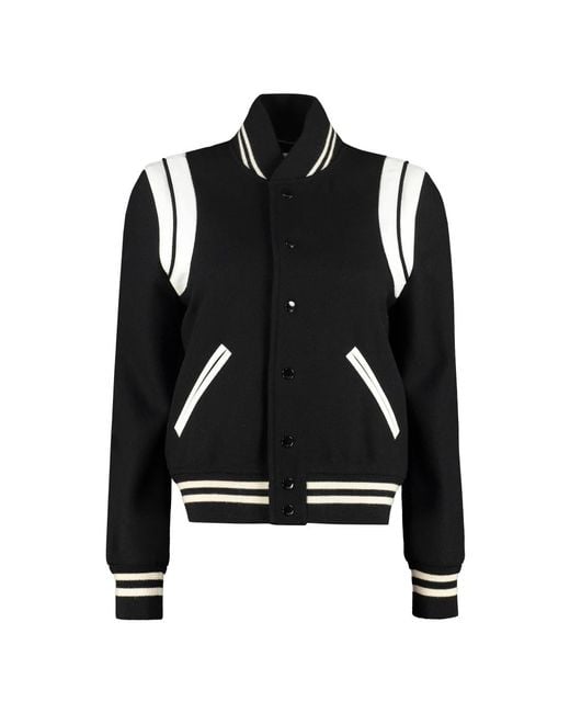 Saint Laurent Black Wollmischung Bomberjacke Mit Lederdetails