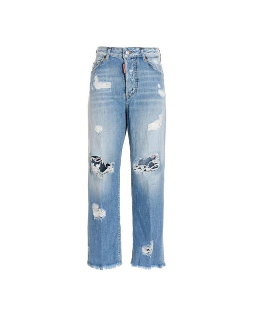 DSquared² Jeans ,Blauw ,Katoen Distressed Straight-Leg Boston Jeans in het Blue