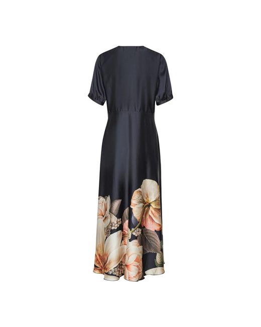 Karmamia Kleedjes ,Zwart ,Zwarte Bloem Maxi Jurk Met Knoopdetail in het Blue