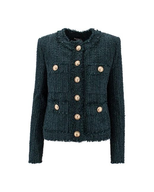 Blazer verde in tweed con bottoni testa di leone di Balmain in Blue