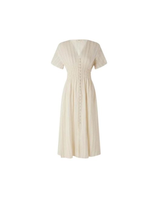 Sessun Kleedjes ,Katoen Midi Jurk Met Knoopsluiting En Smocked Taille in het Natural