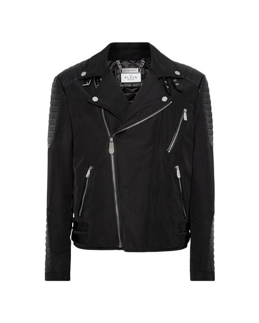 Philipp Plein Jassen ,Zwart ,Nylon Nylon Biker Jack Met Lederen Padding in het Black voor heren