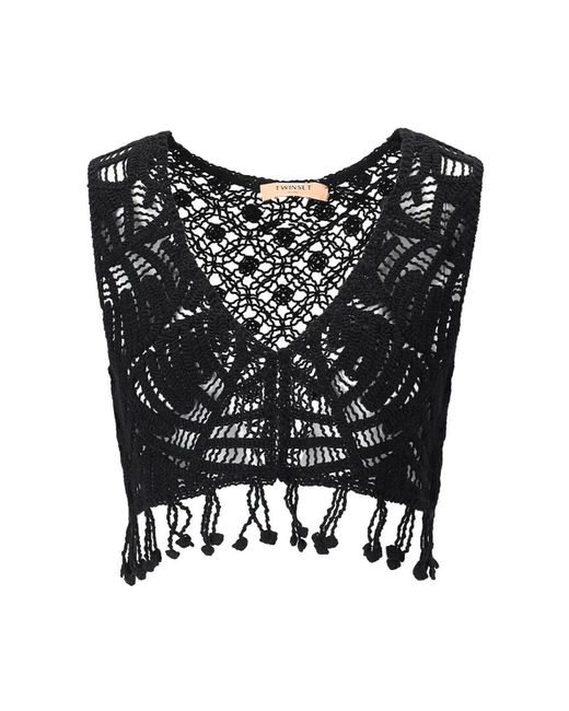Twinset Black Gehäkeltes V-Ausschnitt Top Mit Fransen